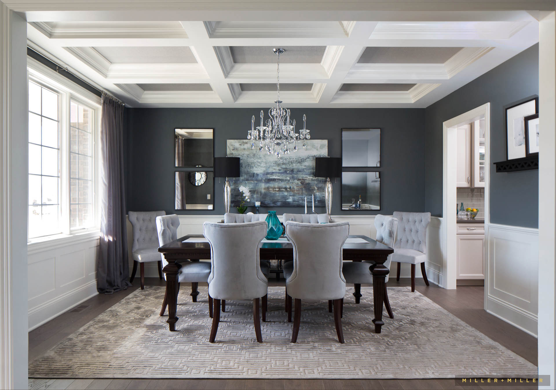 dining room with coffered ceiling
