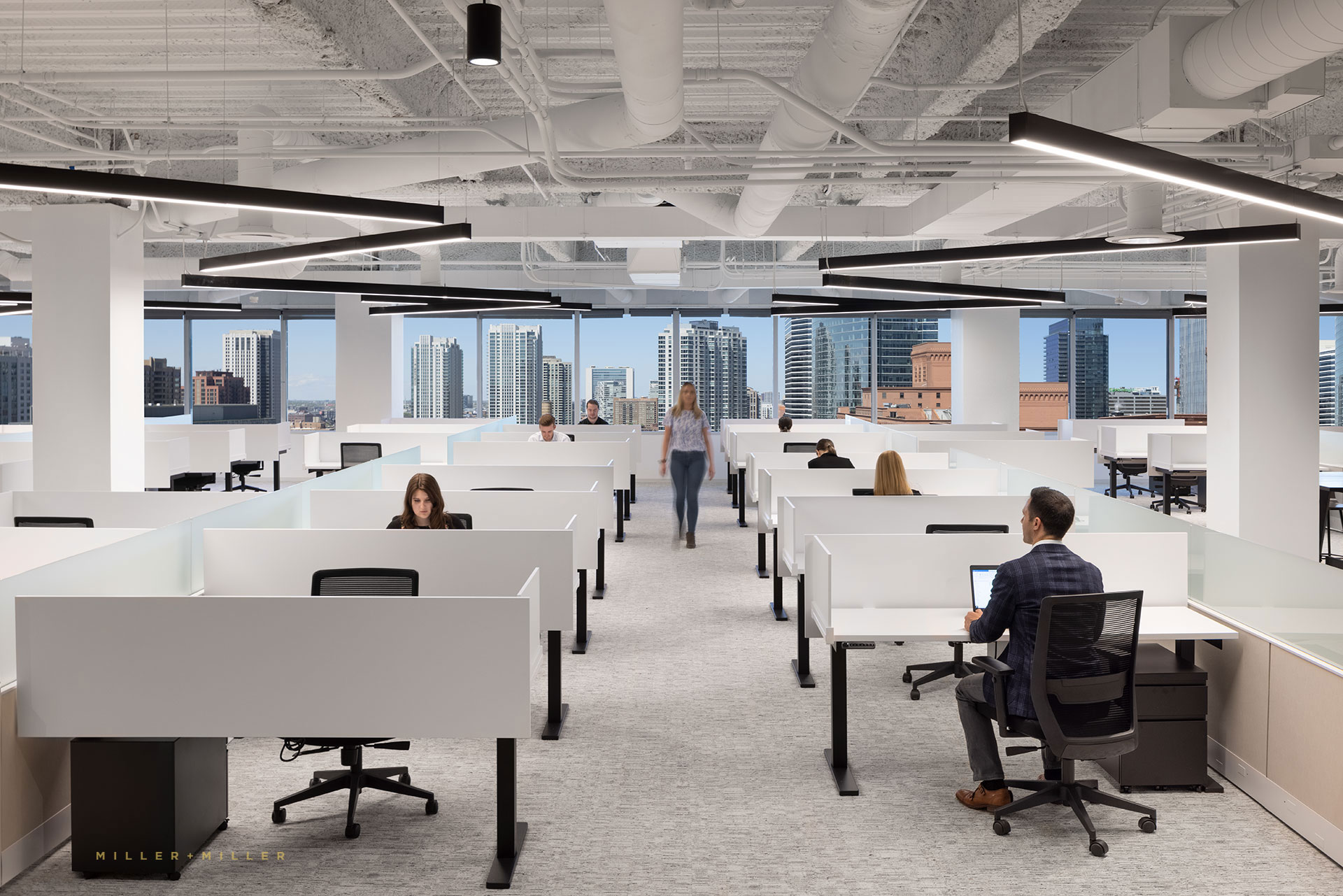 skyline buildings open office workstation cubicles furniture