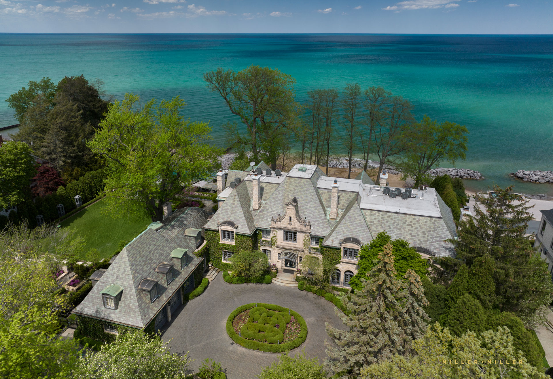 419 Sheridan Road Winnetka Private Waterfront Lake Michigan Residential Exterior Drone Aerial photo MILLER+MILLER Architectural Photography