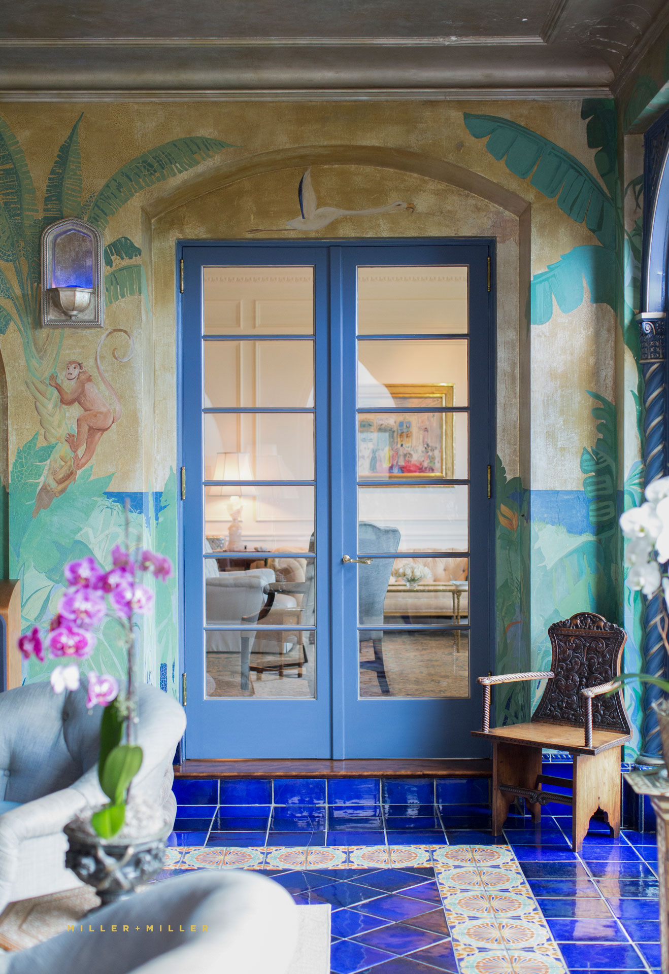 Moroccan Spain Mediterranean vintage interior room design style cobalt blue tile silver hand painted murals