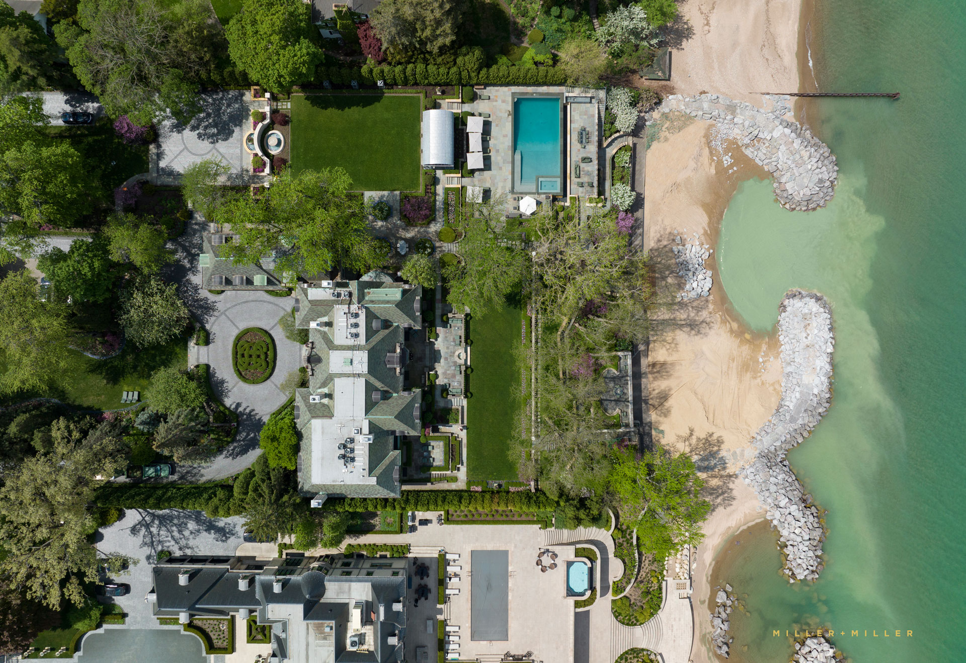Winnetka Drone Luxury Waterfront Real Estate Photographer Exterior Gardens Landscape Pool Aerial Images North Shore Chicago Luxury Lake Michigan Private Mansion Home Photography Landscaping Marine Rock Wall Harbor