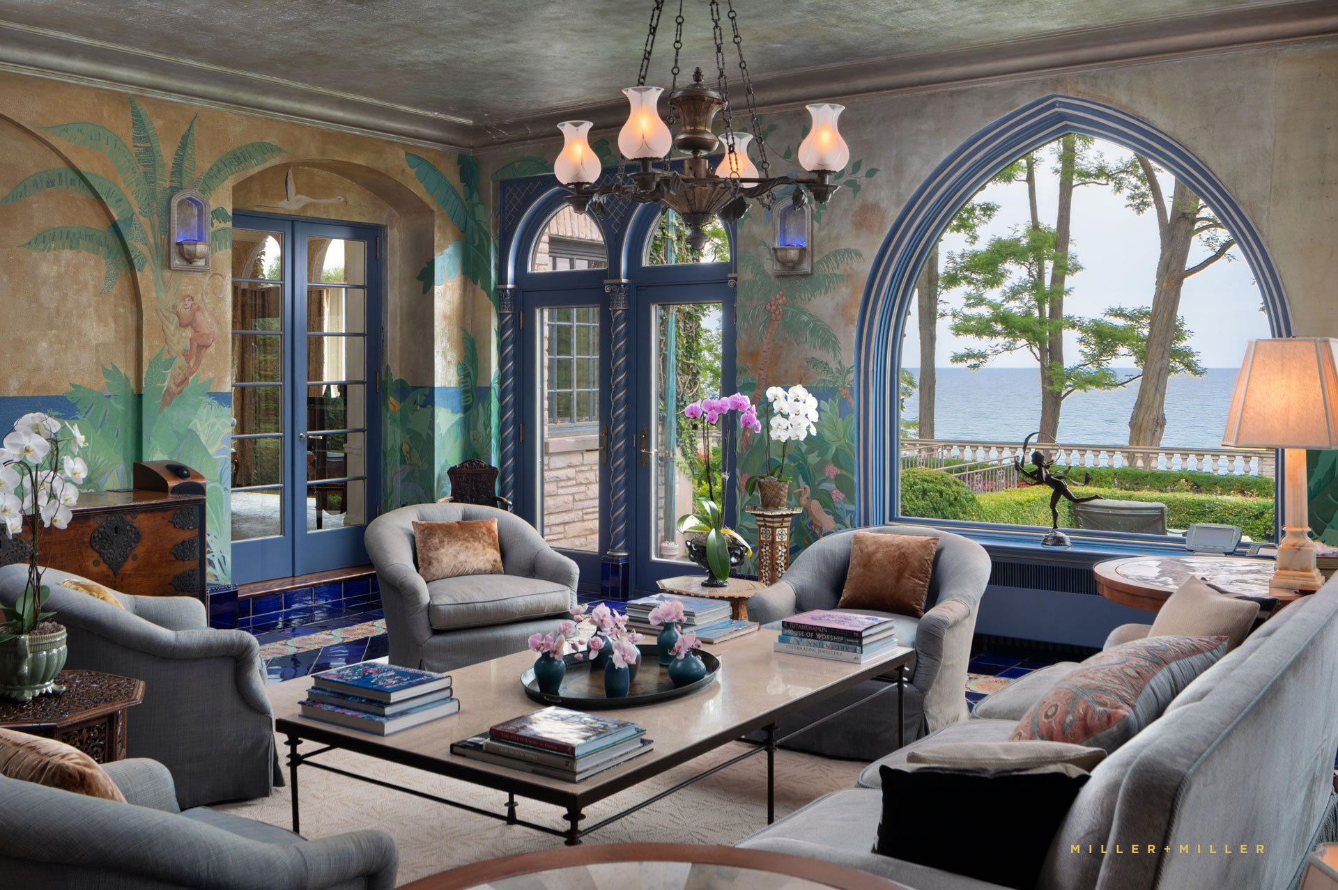 winter tropical cobalt moroccan room overlooks waterfront luxury estate residence beach home